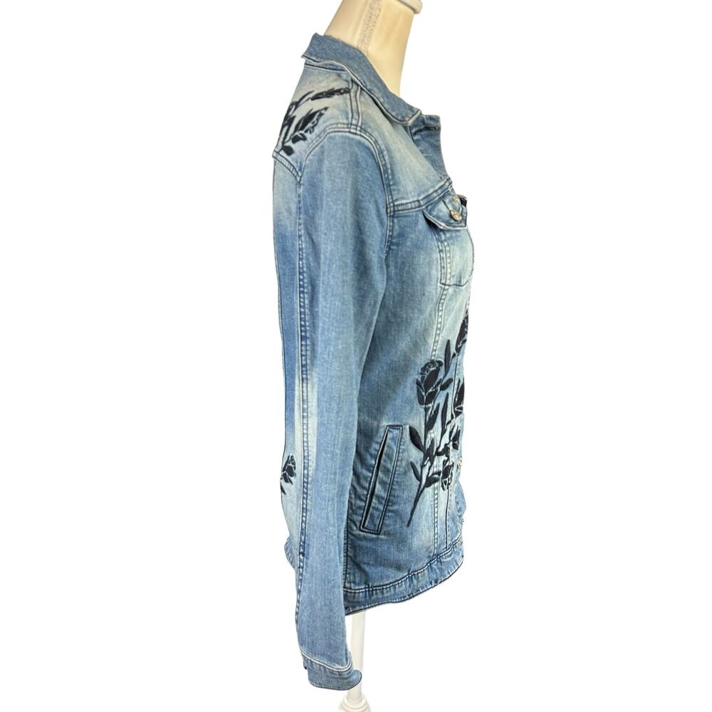 LuLaRoe Jaxon Jean Jacket Women Small Blue Floral Embroidered Denim Button Up - Picture 4 of 13